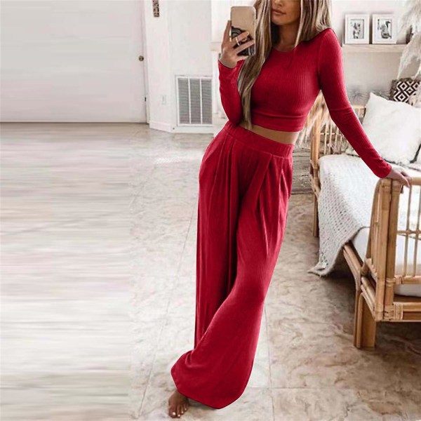 Kvinder ensfarvet langærmet afslappet outfit Strikkede toppe Bukser 2-delt strik Buksersæt med brede ben Loungewear Plus Size Red 3XL