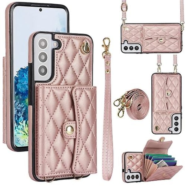 Horisontellt plånboksfodral i läder för Samsung Galaxy S22 5g, diagonalt bärbart, rombiskt Rose Gold