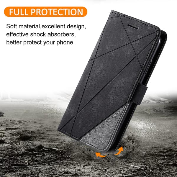 Imprintede linjer lædercover med pungstativ til Samsung Galaxy S23 Black