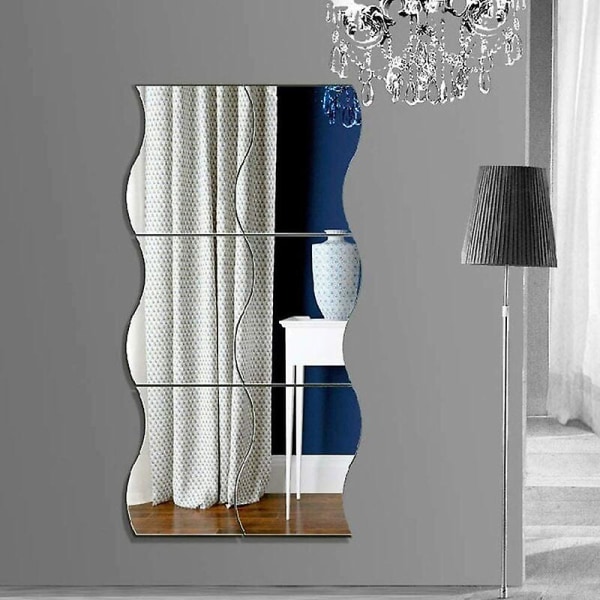 Selvklæbende vægspejl, 6 stk sølvspejl vægklistermærker, bølgeformet plastik selvklæbende vægmærkat spejl til hjemmekontor overfladedekoration (sølv