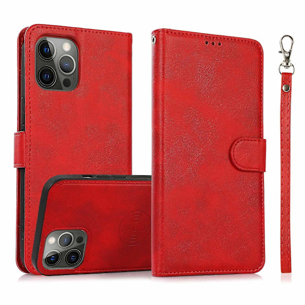 För iPhone 15 PU Läder Plånbok Telefonfodral Stativ 2-i-1 Avtagbart Magnetiskt Fodral med Rem Red