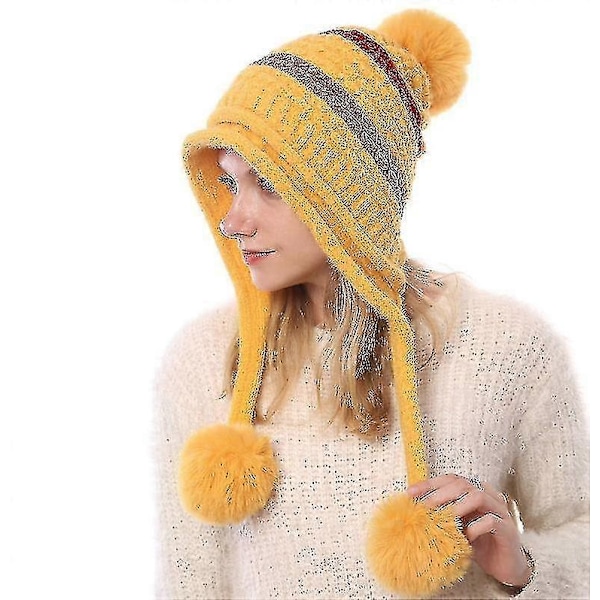 Naisten perulainen korvaläpällinen pipohattu neulottu pom pom talvi lumisade hiihtohattu yellow