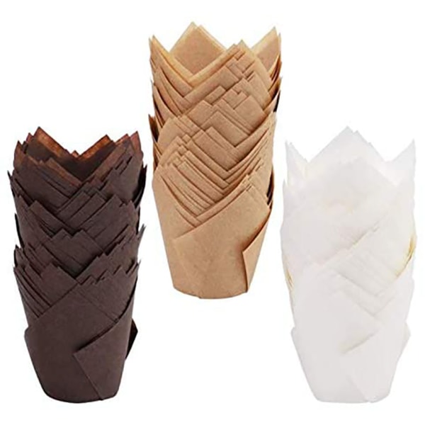 150 Pcs Tulip Cupcake Liners, Greaseproof Muffin Baking Cases, Non-Stick Cupcake Wrappers, Cupcake Liners, White, Brown, Kraft
