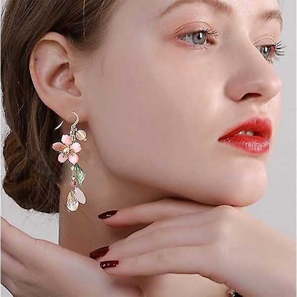 Pink Flower Dangle Øreringe til Kvinder Søde Perle Blad Sakura Blad Øreringe Fe Statement Sommer Forfriskende Seaside Idylliske Ferie Øreringe