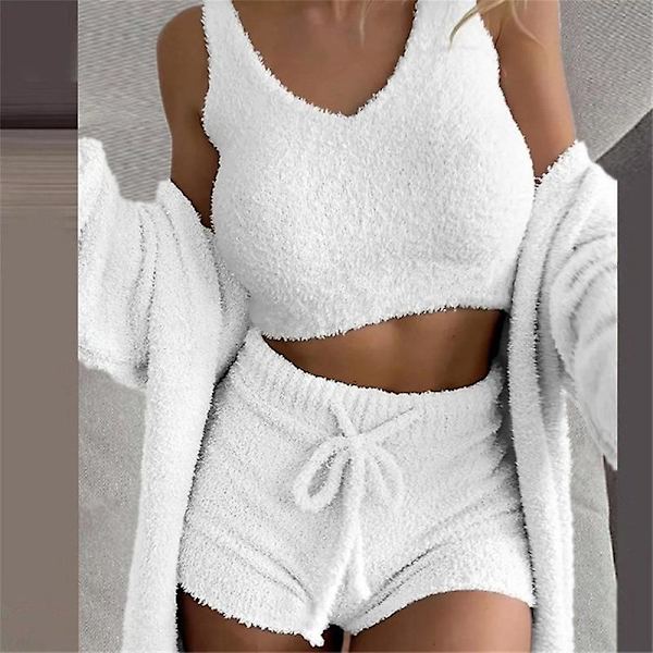 Naisten Seksikäs Pehmeä Lämmin Sherpa-Fleece 3-Osainen Asuste Fleece-Takki Ulkovaatteet ja Spaghettihihnallinen Crop Top Shorts Set white M