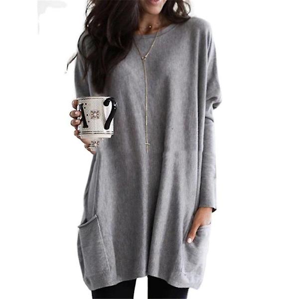 Naisten Pluskokoinen Pitkähihainen Tunikapaita Pyöreäkaulaisen Kevyt Hupunalla Casual Ylisuurinen T-paita Taskuilla (S-5X) grey 4XL