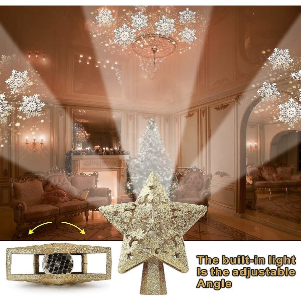 Christmas Lighting Tree Topper Projector Light,led Pentagram Lamp Xmas Decor With Rotating Led Snowflakes Lighting 5d Hollow Star Design Lights