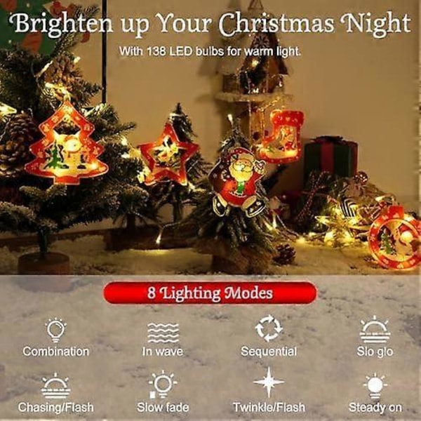 138 LED Julegardinlys, Julenissen Snømann Hengende Lyslenke med 6H Timer & 8 Moduser, USB-drevet Feelyst, Juledekorasjon fo