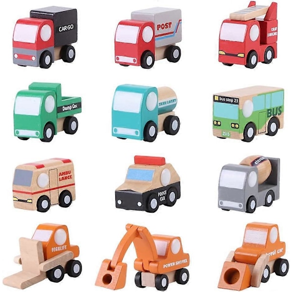 12-osainen puinen ajoneuvosetti, lasten sarjakuva-auto, varhaiskasvatuslelu (A-5-F6)