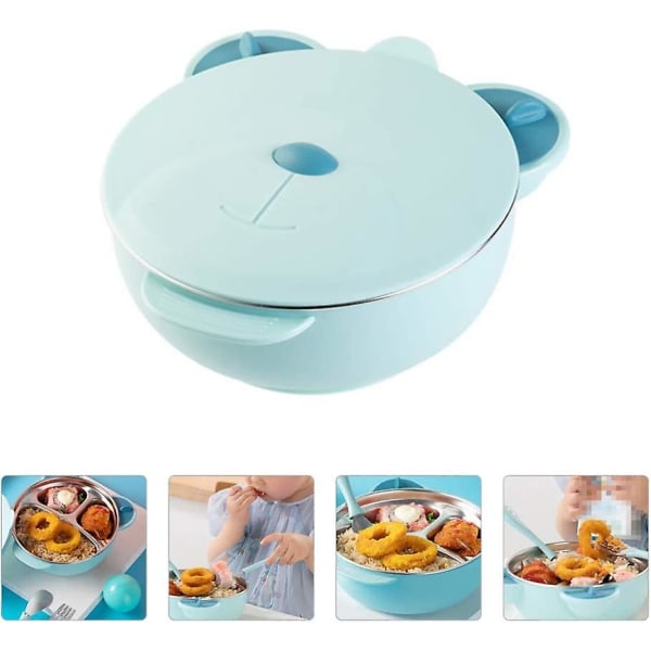 Baby Tableware 3 Compartment Plates With Stainless Steel Insulated Lid Feeding Bowl For Toddlers Babies Kids Children Blue
