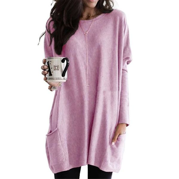 Naisten Pluskokoinen Pitkähihainen Tunikapaita Pyöreäkaulaisen Kevyt Hupunalla Casual Ylisuurinen T-paita Taskuilla (S-5X) pink 2XL