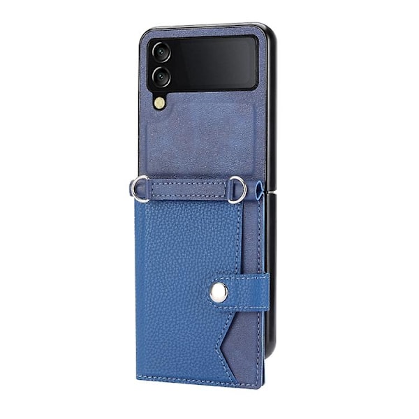 Til Samsung Galaxy Z Flip3 5g Litchi Mønster Enkelt Knappen Kort Holder Mobiltelefon Etui Med Lang Snøre Blue