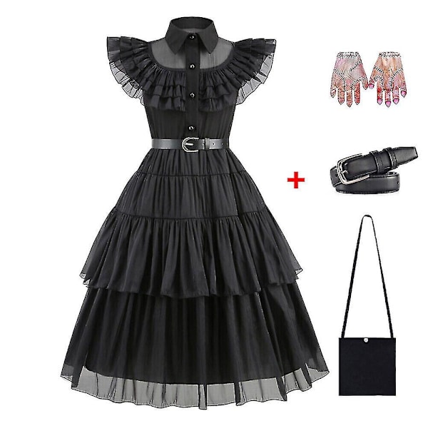 Barnjente Onsdag Addams Family Kostyme Halloween Kjole Bursdagsfest Kjole Belte Veske Hansker Dress Belt Bag Gloves 140cm