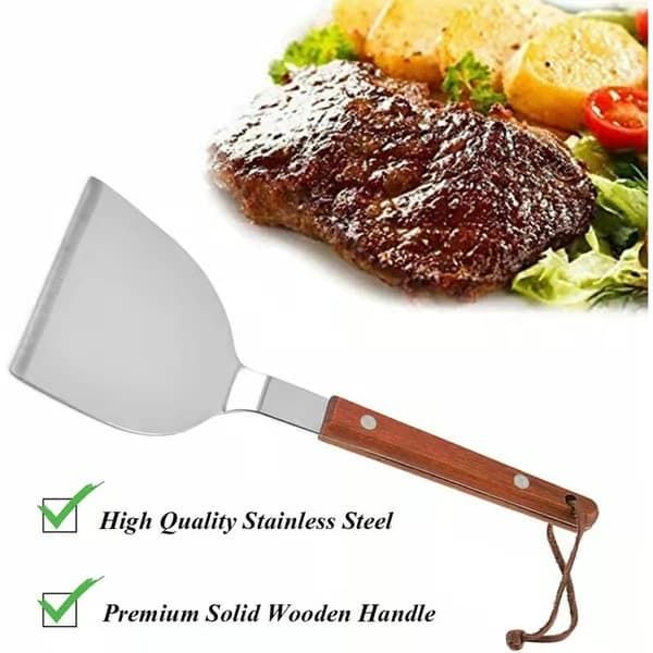 Ny 2-delt BBQ-spatel, Teppanyaki-spatel, Spatel i rustfritt stål med trehåndtak, Multifunksjonell stekespade.