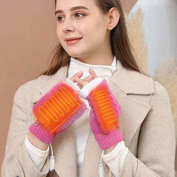 Varmhållande USB-handskar för kvinnor & män - Stickade, hela & halva fingrar, värmande utan fingrar med knapp, tvättbar design_as pink