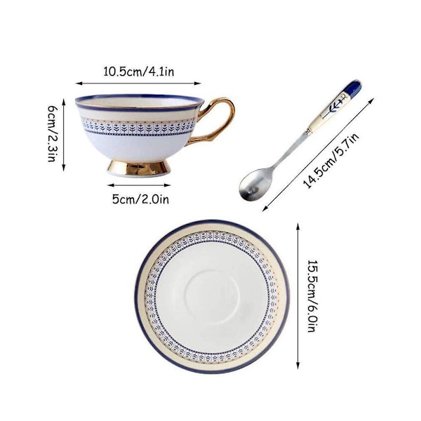 Exklusiv tekopp och fat set i kunglig blå med sked - 7.0oz/200ml, Phnom Penh-design, porslin, bästa presenten till vänner