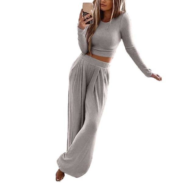 Women's Solid Colour Long Sleeve Outfit Set Knitted Knitwear Pants Wide Leg Trousers Casual Loungewear Plus Size Grey 2XL