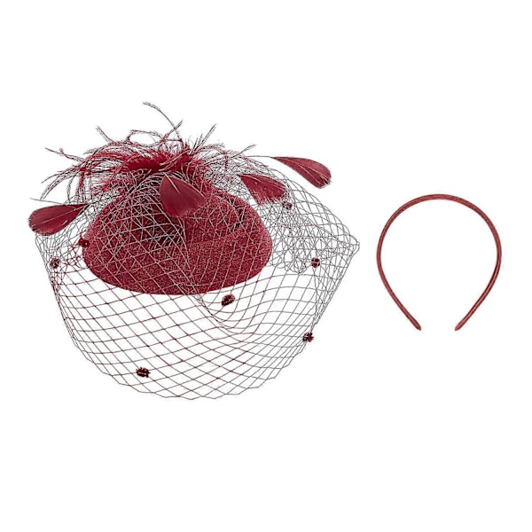 Fjäder Mesh Hatt Dam Mesh Slöja Hårnål Hatt Party Huvudbonad red