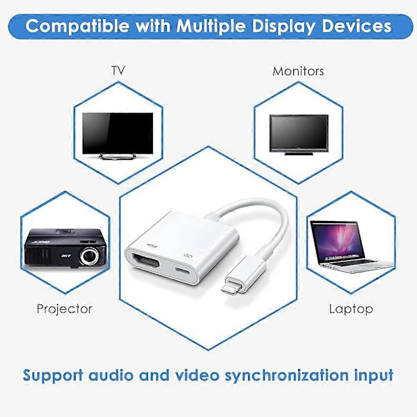 HDMI-sovitin iPhonelle TV:lle, [Apple MFi -sertifioitu] 1080P digitaalinen AV Lightning -sovitin, Plug and Play -näytön synkronointi HDMI-liitäntä iPhonelle ja iPadille, C