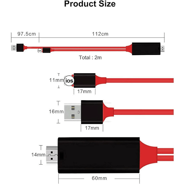 SQCLV [Apple-certifierad] Lightning till HDMI-adapterkabel, 1080P Digital AV Synkroniserad ljud- och videokontaktkabel för TV/projektor/skärm - 2 meter Röd