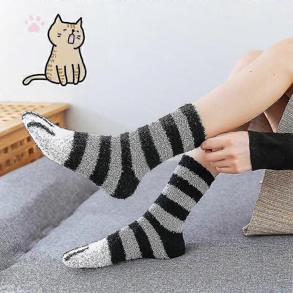 Cat S Dame Varme Bløde Fluffy Sengestrømper Loun Hjemmesko Gulvstrømper Black stripes