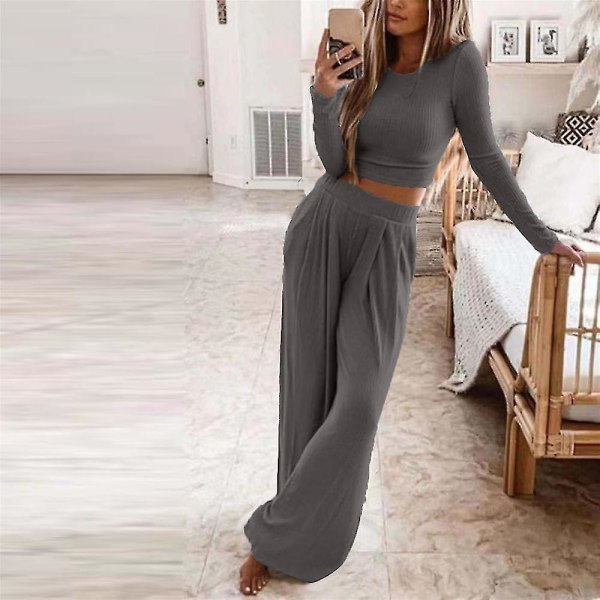 Women's Solid Colour Long Sleeve Outfit Set Knitted Knitwear Pants Wide Leg Trousers Casual Loungewear Plus Size Dark Grey M