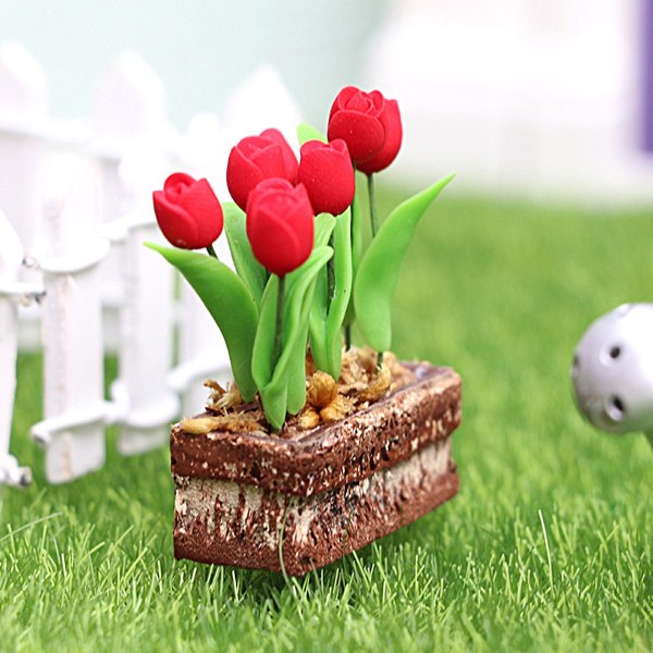 Miniature tulipan Realistisk gør-det-selv-harpiks Håndværk Højsimulering Tilbehør 1:12 Dukkehus Scene Ornament Rød Blomstermodel til skrivebord