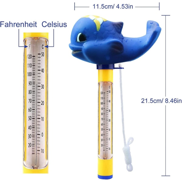 Flydende pooltermometer, svømmebassintermometer med snor, flydende vandtermometer til swimmingpool, badevand, spabade, boblebade, akvarier Shark