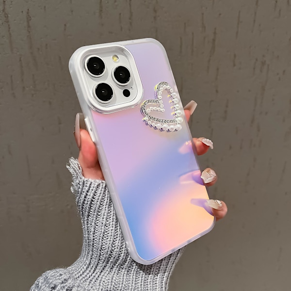 iPhone 13 Pro -mattakuori, laser-efekti, PC+TPU, helmiä, sydänpuhelin, suojakotelo käsihihnalla White
