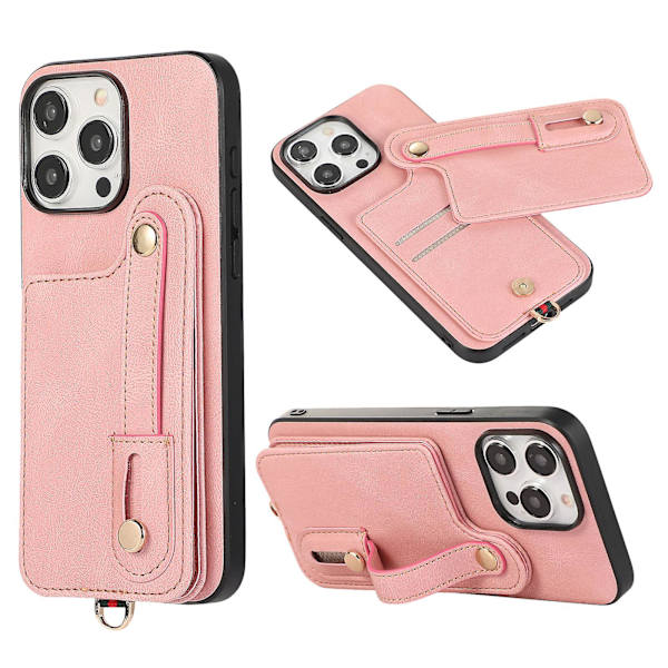 Fodral för Iphone 14 Pro Max med stativ och kortfack i TPU+läder Pink