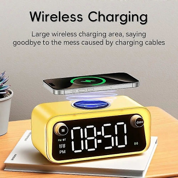 WEKOME Multifunktionell Trådlös Bluetooth-högtalare 15W Snabbladdningsstation TF RGB Nattlampa Skrivbords LED Digital Väckarklocka Yellow
