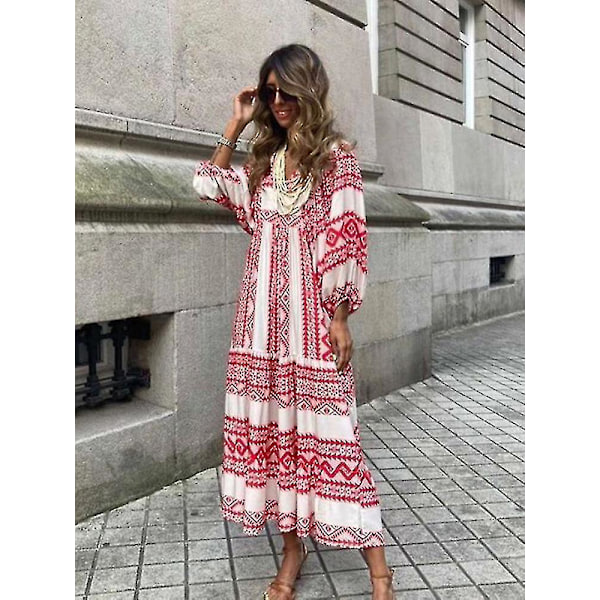 Sommar Klänning med Puffärmar Lång Kvinna Lös Boho Blommig Klänning Mode Semester Strand Vintage Klänning Elegant Geometrisk Tryck Vestido Claret S