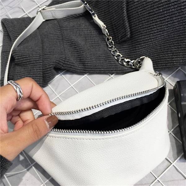 Muodin nahkainen vyölaukku rintapussi puhelinlaukku metalliketjulla naisille White