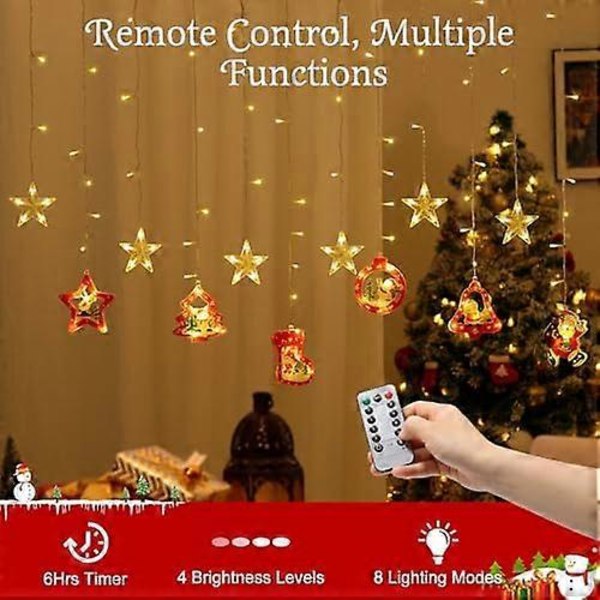 138 LED Julegardinlys, Julenissen Snømann Hengende Lyslenke med 6H Timer & 8 Moduser, USB-drevet Feelyst, Juledekorasjon fo