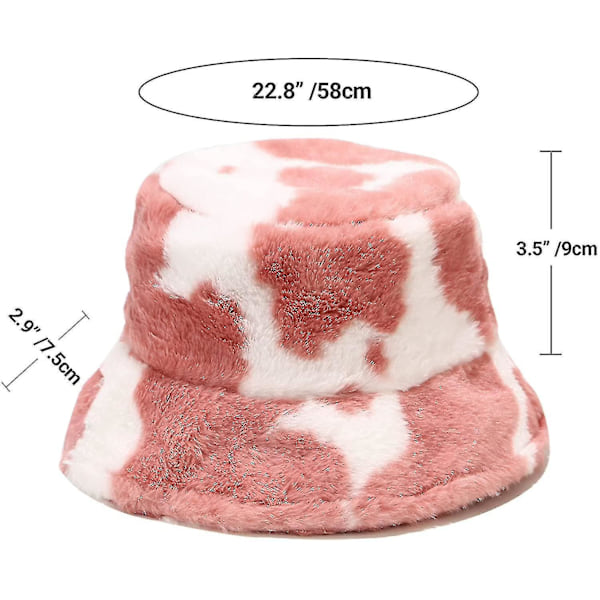 Vinterfårfällhatt i hinkmodell, fluffig varm hatt för kvinnor och män, ko-print rosa