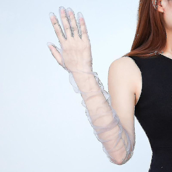MIMIGO Långa Transparenta Tullehandskar Ultra Tunna Vantar Brud Armbågshandske Silver