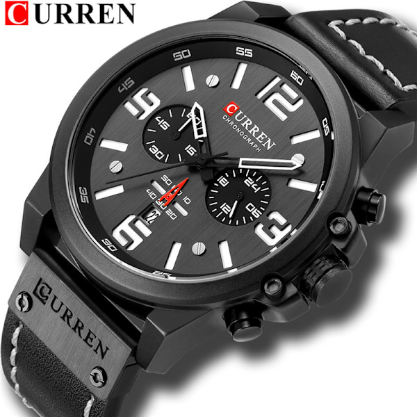 Mode Herrklocka Toppmärke Lyx Datum Quartz Klockor Herr Militär Läder Klocka Sport Man Armbandsur Black and white