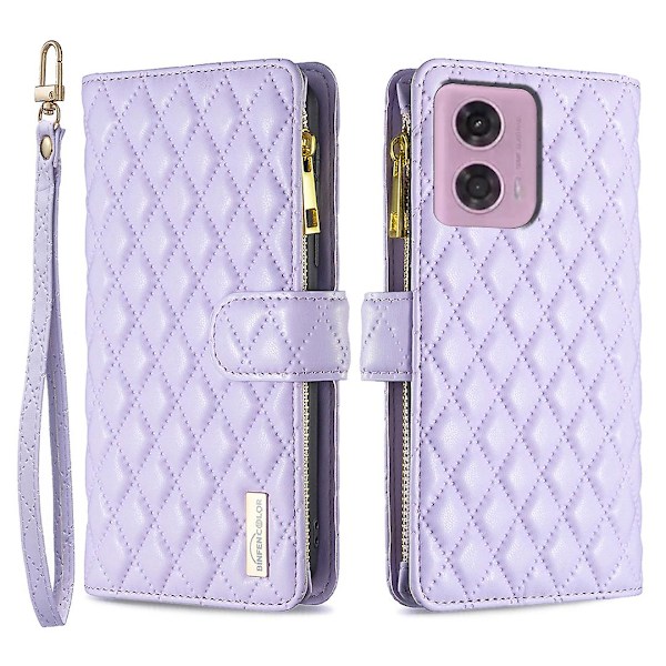 BINFEN COLOR Lompakkokotelopuhelimen kotelo Motorola Moto G34 5G:lle Ruudullinen painettu kansi Vetoketjutasku Purple