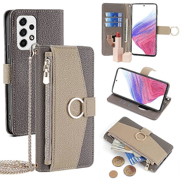 Samsung Galaxy A53 5G -puhelimen lompakko- ja olkalaukku, vetoketjullinen tasku Grey