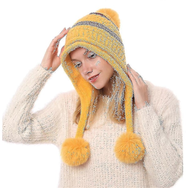 Naisten perulainen korvaläpällinen pipohattu neulottu pom pom talvi lumisade hiihtohattu yellow