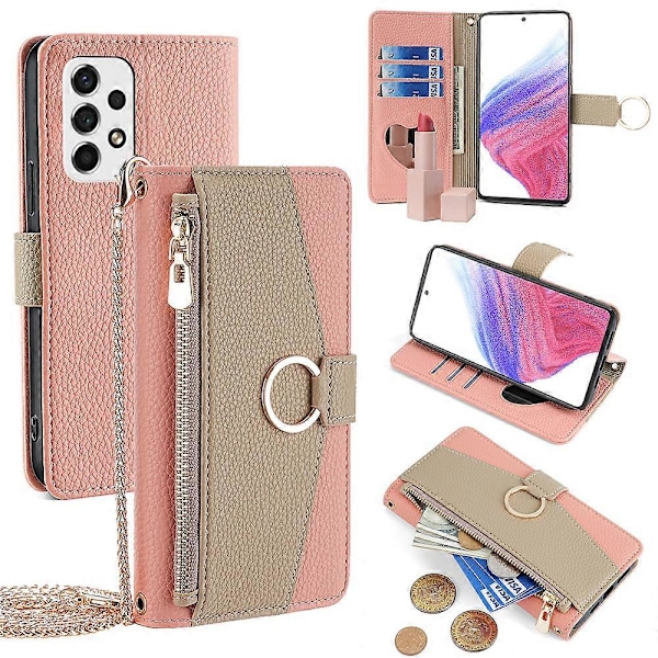 Väska med blixtlåsficka för Samsung Galaxy A53 5G, plånboksfodral, crossbody Pink