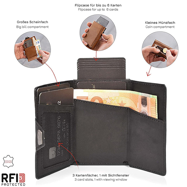 Pop-Up Kreditkortsfodral med RFID-skydd Äkta Läder Plånbok med Black