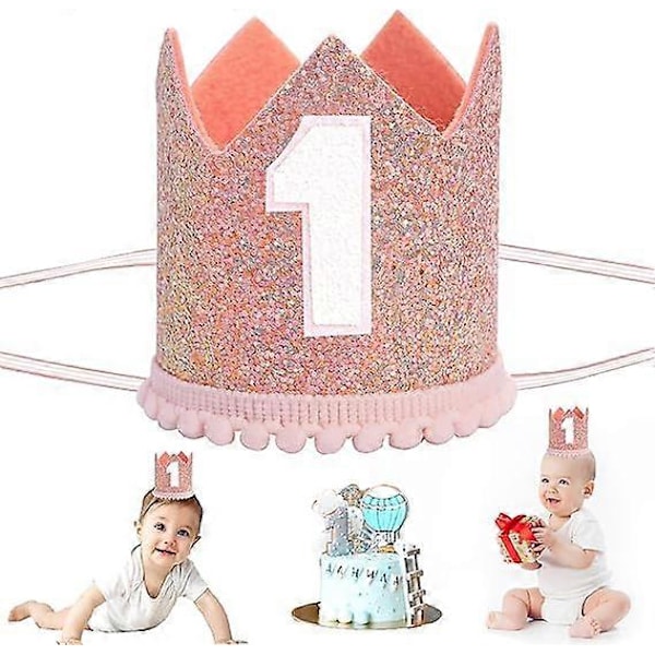 Baby Tiara Krone for 1. bursdagsfest, Baby First Birthday Glitter Krone, 1. bursdaghatt Første bursdagshodebånd Fest Hatter for 1. bursdag Pink