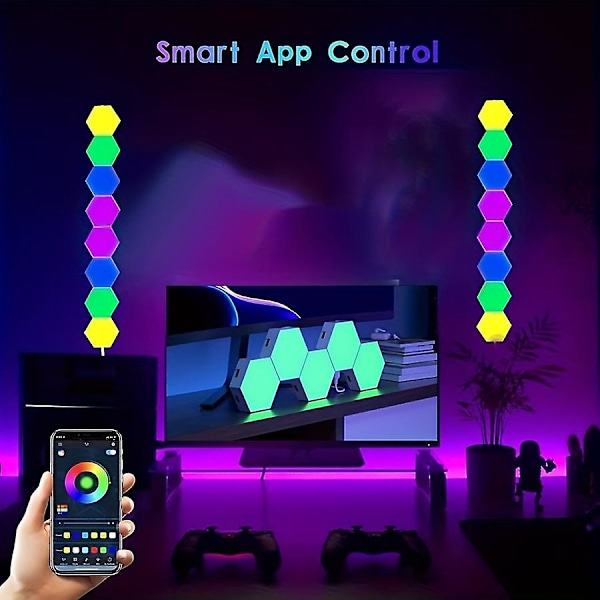 6 stk. LED Hexagon Vægskinne, Smart Modulær Honningkage Lys Med App Fjernbetjening Og Musiksynkronisering