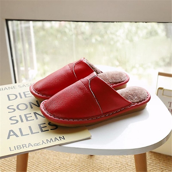 Mäns Mysiga Äkta Ko-Läder Hög Densitet Skum Anti-Halk Sula Tofflor Med Super Mjuk Foder Inomhus/Utomhus RED SIZE 26 WOMEN