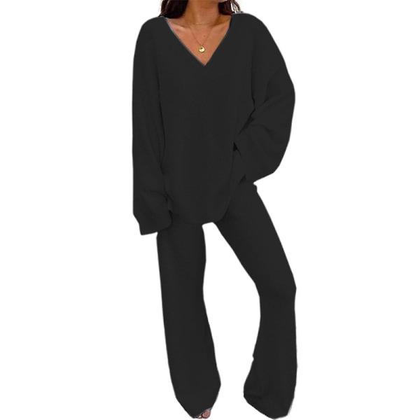 2pcs Women Plain Baggy Casual Outfits V-neck Loose T-shirt Tops Long Wide Leg Pants Trousers Set Loungewear Black 2XL