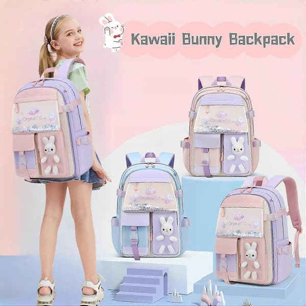 Kawaii Bunny Primär Flickor Ryggsäckar Grundskolväskor Bokväskor med Kylskåpsficka Fram Small purple