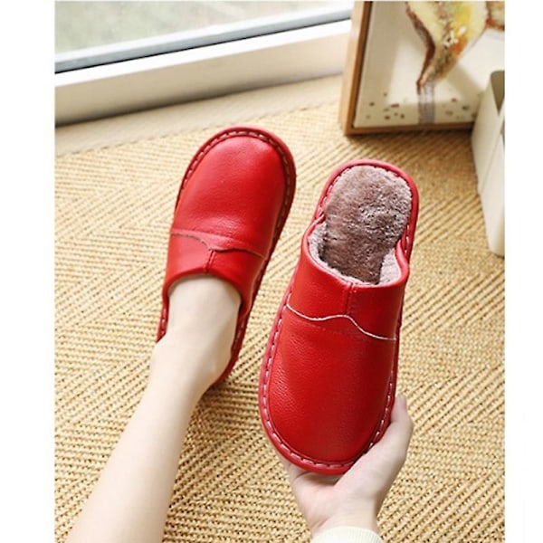 Mäns Mysiga Äkta Ko-Läder Hög Densitet Skum Anti-Halk Sula Tofflor Med Super Mjuk Foder Inomhus/Utomhus RED SIZE 26 WOMEN