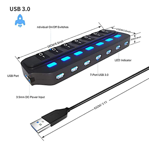 Usb2.0 Hub Multi-port Usb3.0 Hög hastighet Överföring 7-port Hub Splitter