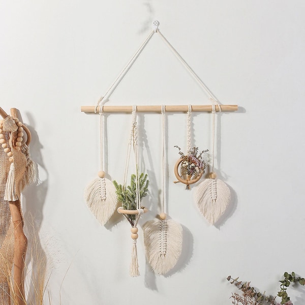 Makrametæppe Boho Vævet Beige Blad Design Makrame hængende indretning til børneværelse